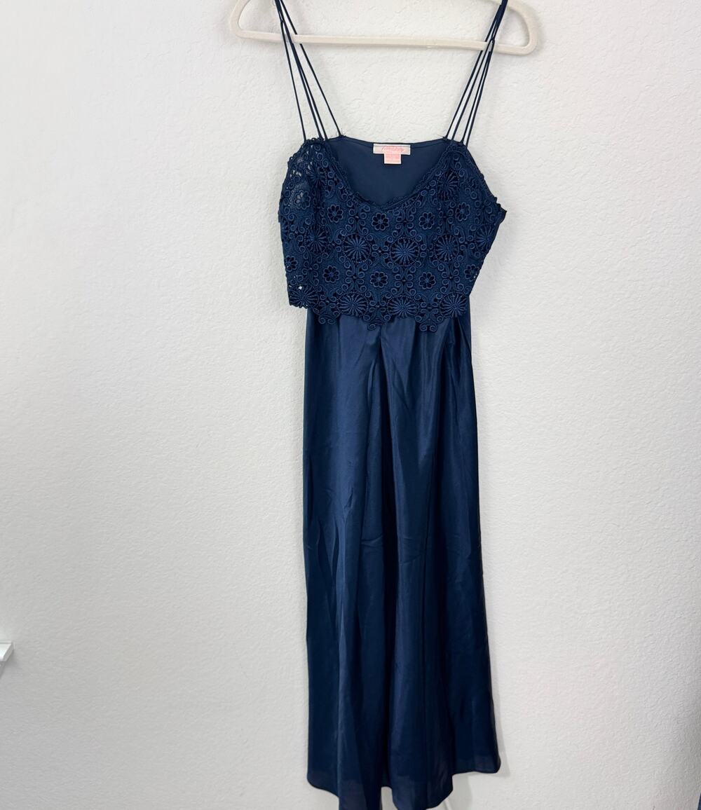Flora Nikrooz Womens Vintage Slip Dress Chemise Sz L Made IN USA Lace Satin Blue